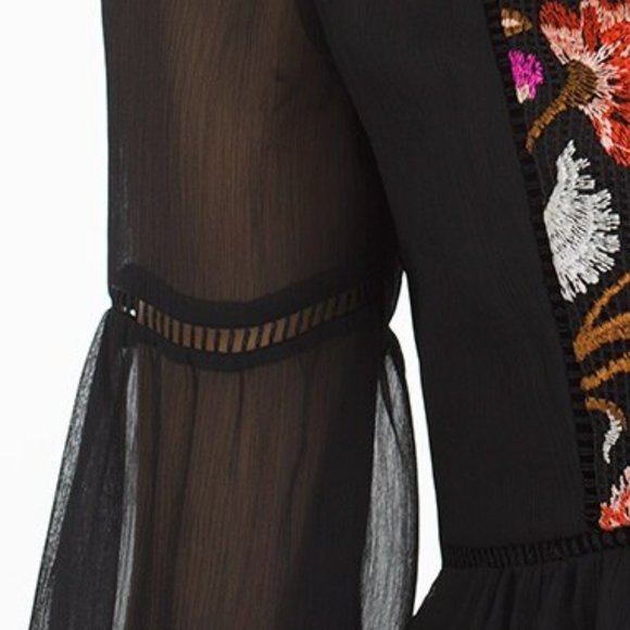 WHBM GORGEOUS! Floral Embroidered Blouse Black Translucent Sleeves 14 - Picture 7 of 9